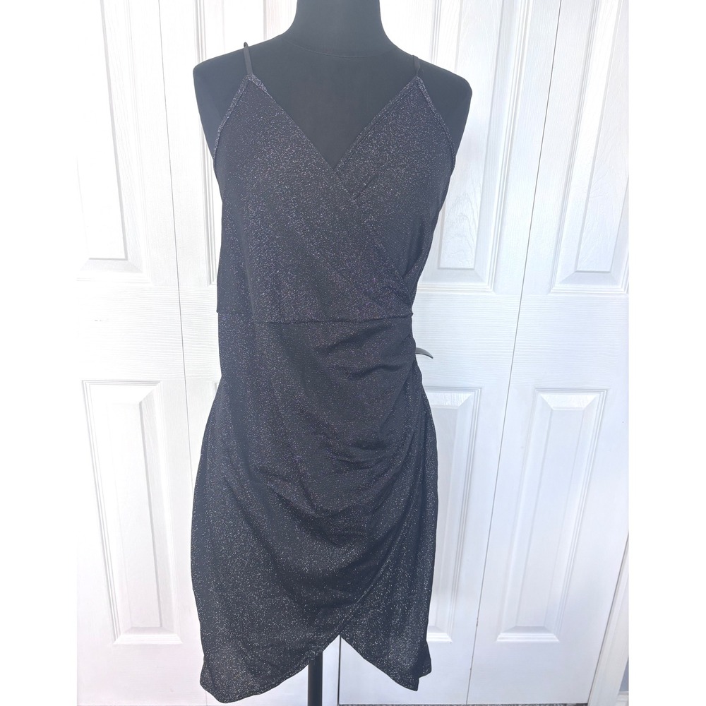 Womens Black Sparkle Glitter Ruched Wrap Mini Dress Camisole Straps Party‎